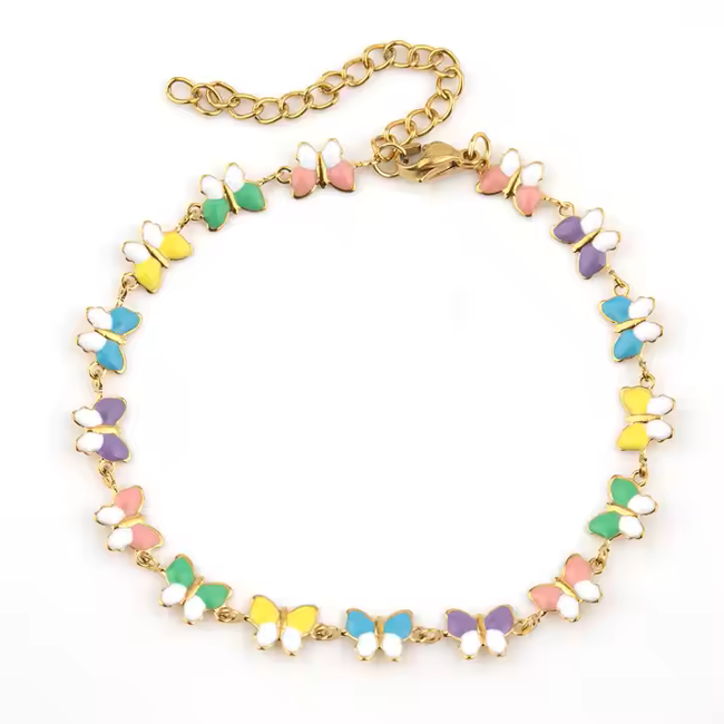 Spring Summer Bright Colorful Enamel Butterfly Chain Necklace Bracelet Jewelry Set Women