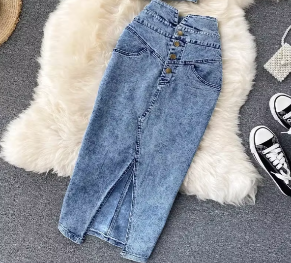 Women's Casual Denim Skirt, High-Waist Plain Split, Knee-Length Jean Skirt With Front Slit, Fashionable Street Wear, Versatile Day-to-Night Apparel
