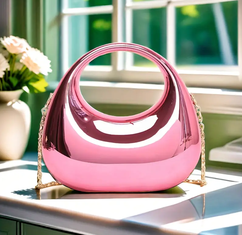 Stylish Acrylic Clutch Bag,  Magnificent Handbag for Evening parties and Everyday Wear,  Women Moon Shaped Bag With Detachable Metallic Chain Strap,  A Perfect Gift for Trendy Ladies.