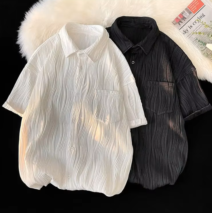 Men's Ribbed Short Sleeve Shirt with Lapel Collar - Lightweight & Comfortable for Summer Style - Pockets for Versatile Wear on Holidays