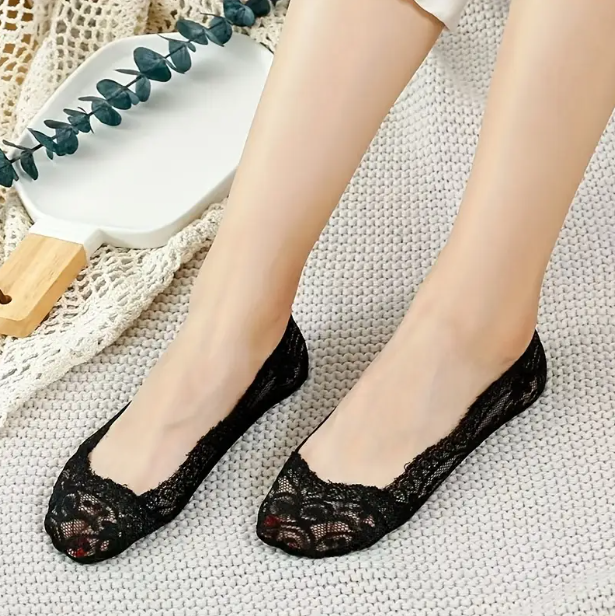 2 pairs Lace Socks, Women's Invisible Boat Socks, Breathable Lace Anti-Slip Socks