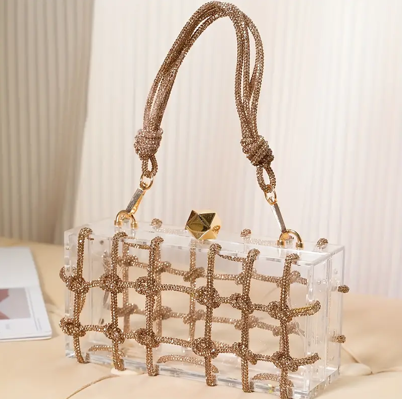 Trendy Glittery Transparent Rectangular Underarm Purse For Cute Women,  A Clear Acrylic Bag  with Glittery Chain-Like Mesh Specially Designed For Women