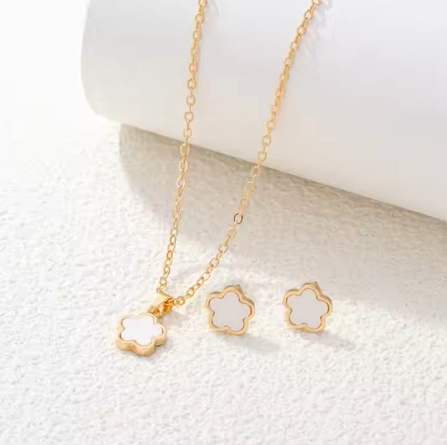 Flower Decor Pendant Necklace And Stud Earrings Set, High Quality Jewelry For Women