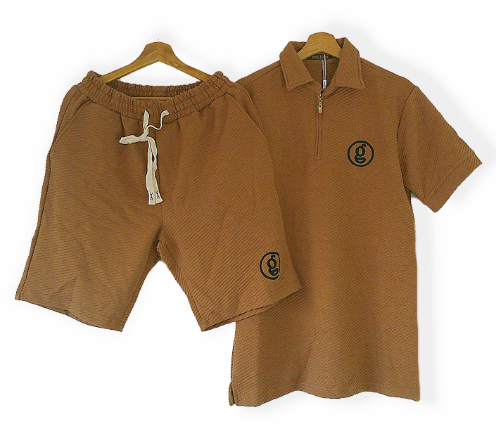 Men's Outfit, Solid Casual Lapel Half Zipper Short Sleeve Shirt & Drawstring Shorts 2-piece Set For Summer Outdoor Activities